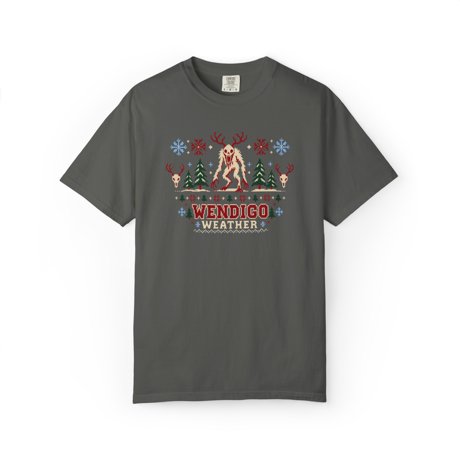 Dark gray Wendigo shirt with ugly Christmas sweater style artwork, a horned Wendigo, snowflakes, trees, and the text Wendigo Weather