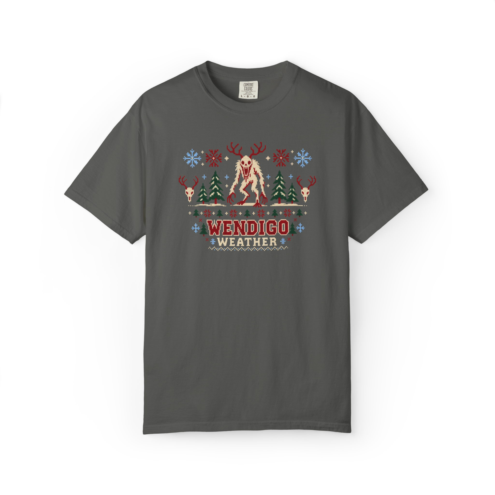 Dark gray Wendigo shirt with ugly Christmas sweater style artwork, a horned Wendigo, snowflakes, trees, and the text Wendigo Weather