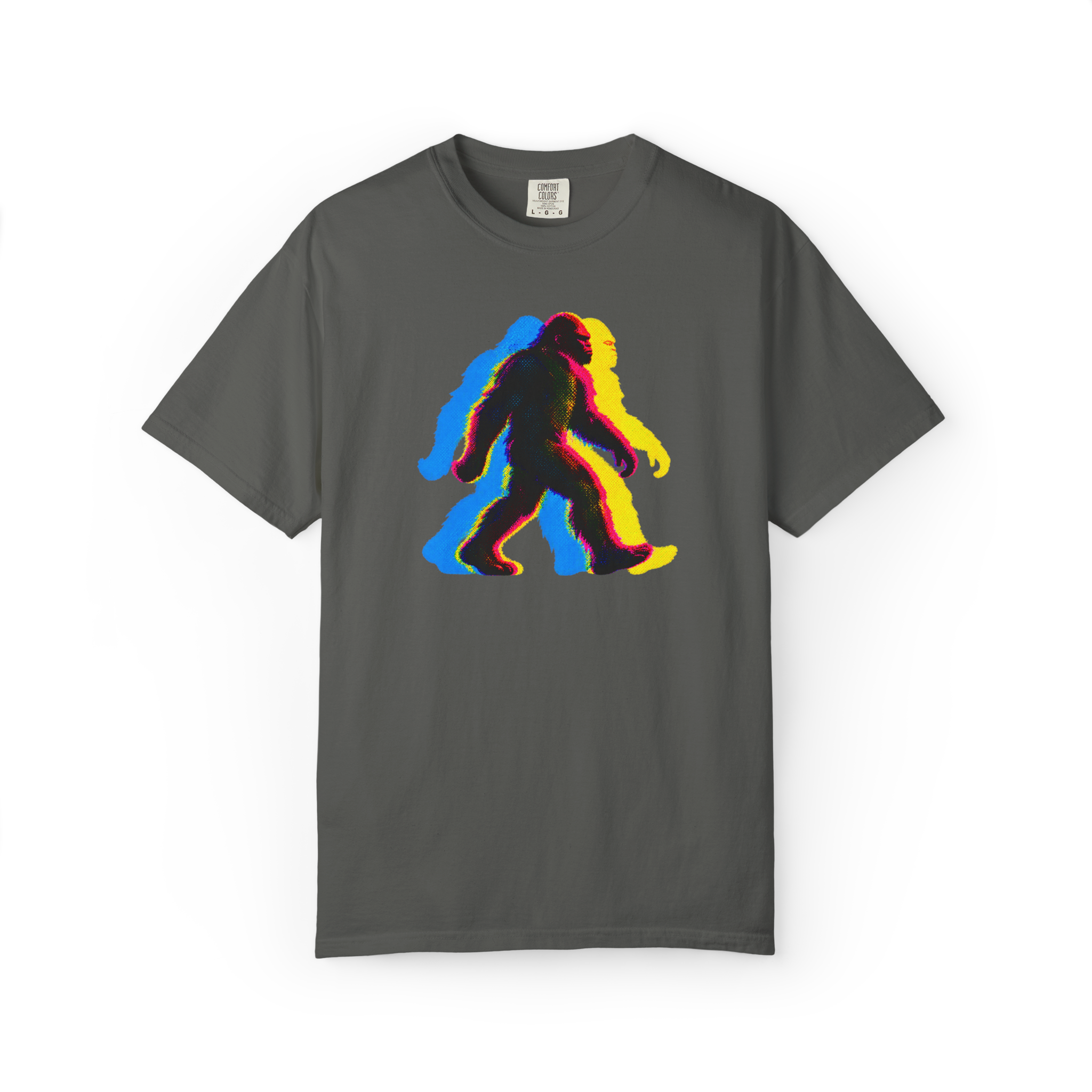 Pepper Bigfoot t shirt featuring overlapping blue yellow red and black walking Sasquatch silhouettes with a chromatic graphic effect
