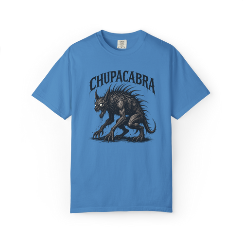 Blue Angry Chupacabra cryptid graphic T-shirt