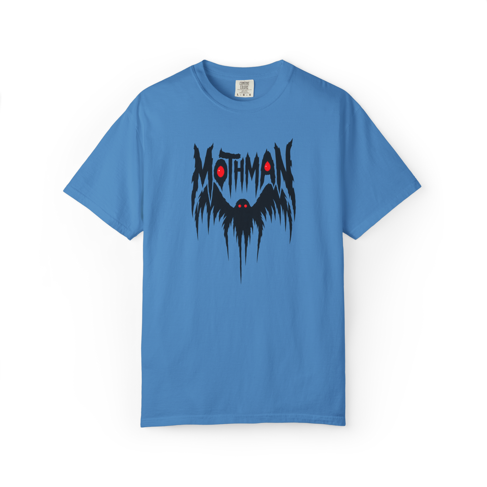 Blue Mothman t shirt with jagged black MOTHMAN text, glowing red eyes, and a winged cryptid silhouette