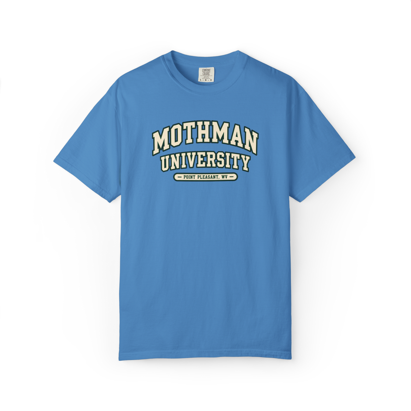 Blue Mothman t shirt with cream and dark green collegiate Mothman University lettering and Point Pleasant WV text