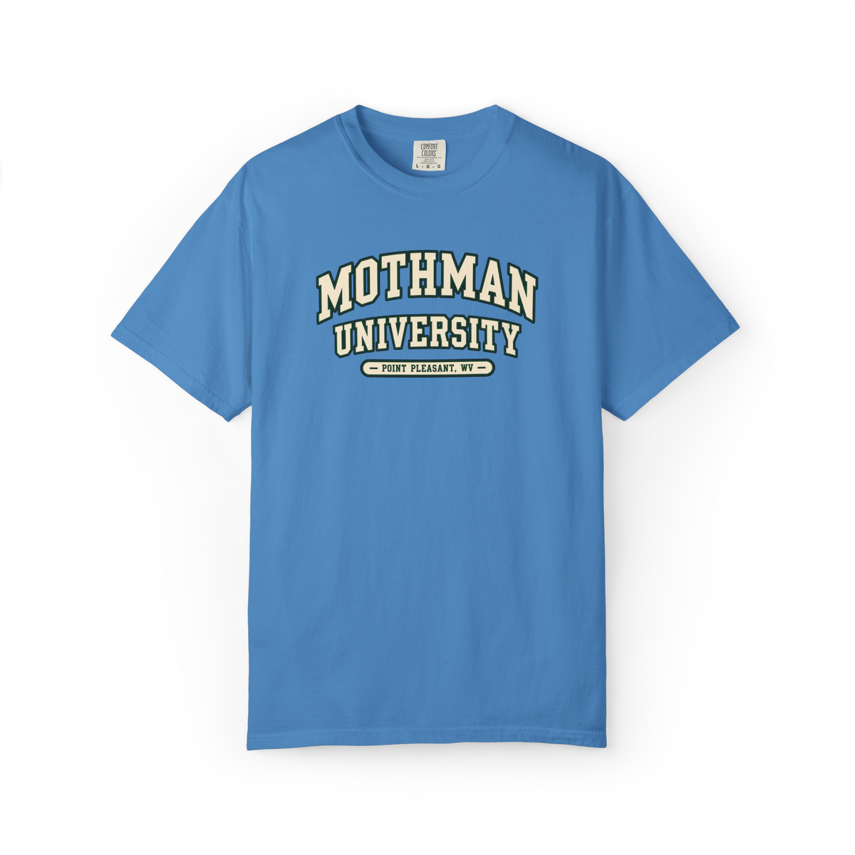 Blue Mothman t shirt with cream and dark green collegiate Mothman University lettering and Point Pleasant WV text