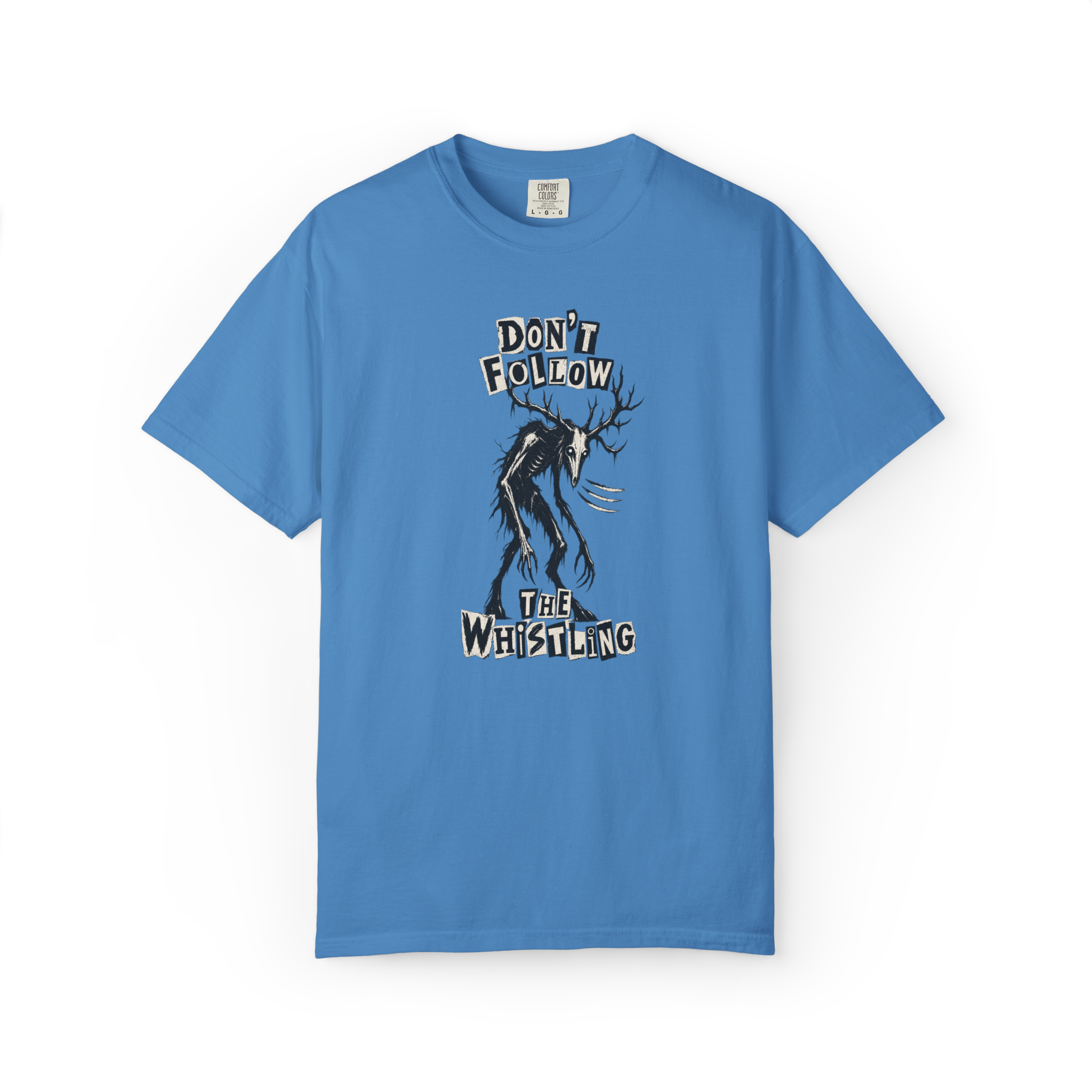 Blue t-shirt featuring a creepy antlered Wendigo creature with the phrase Don’t Follow the Whistling in a horror-style text layout.
