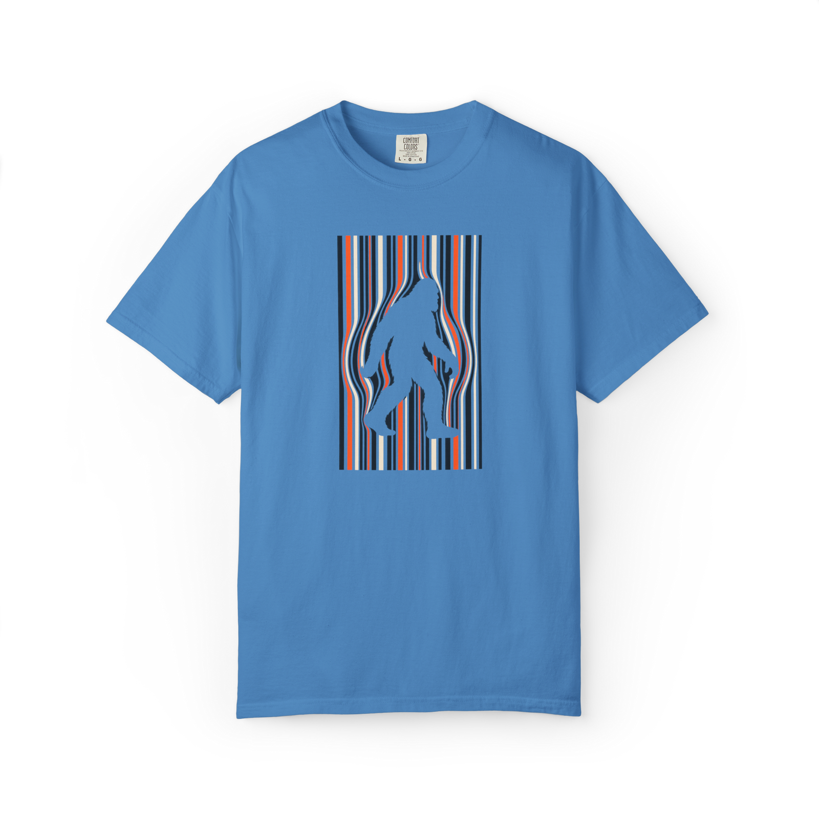 Blue Bigfoot t shirt featuring a walking Sasquatch silhouette surrounded by retro orange, cream, black, and blue vertical stripes