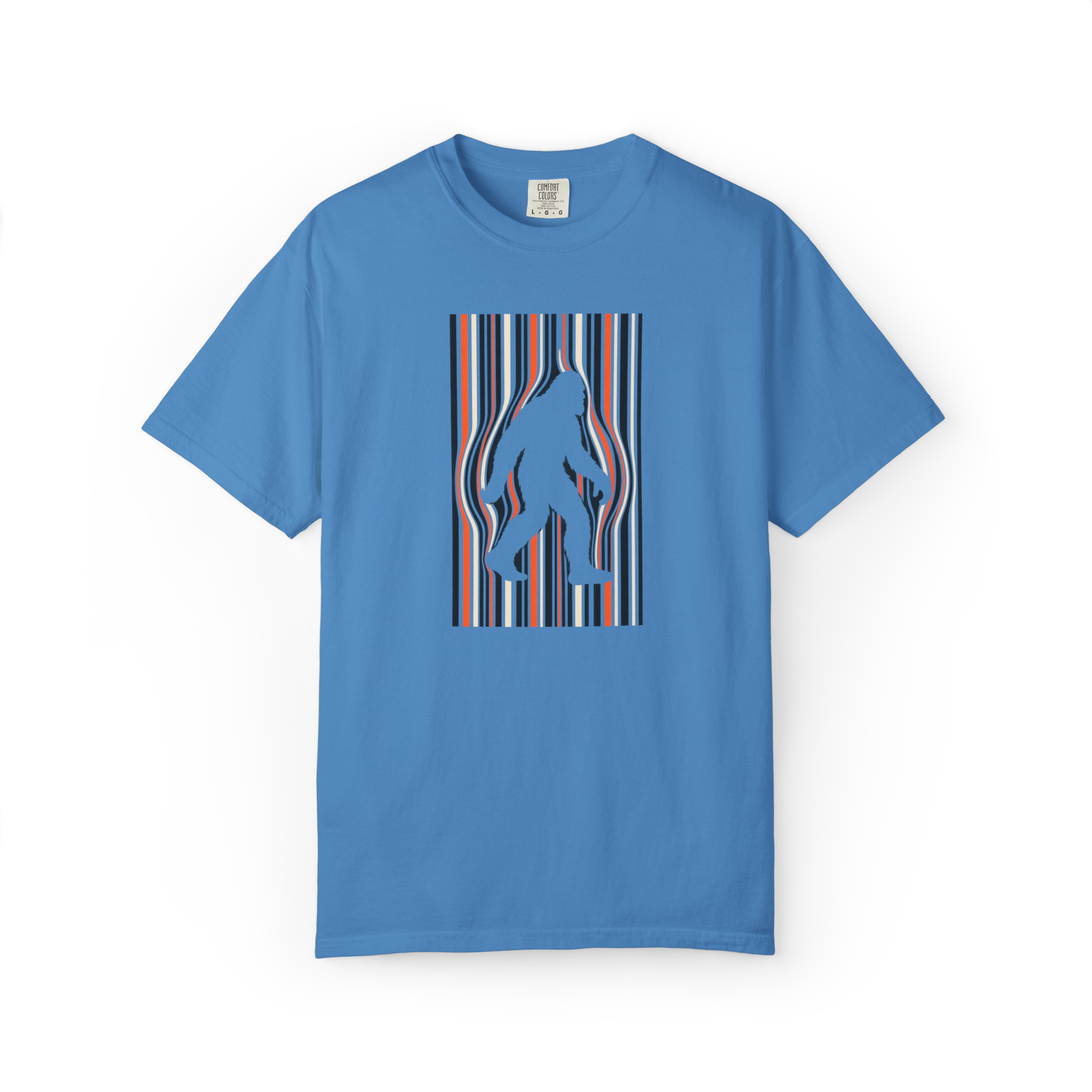 Blue Bigfoot t shirt featuring a walking Sasquatch silhouette surrounded by retro orange, cream, black, and blue vertical stripes