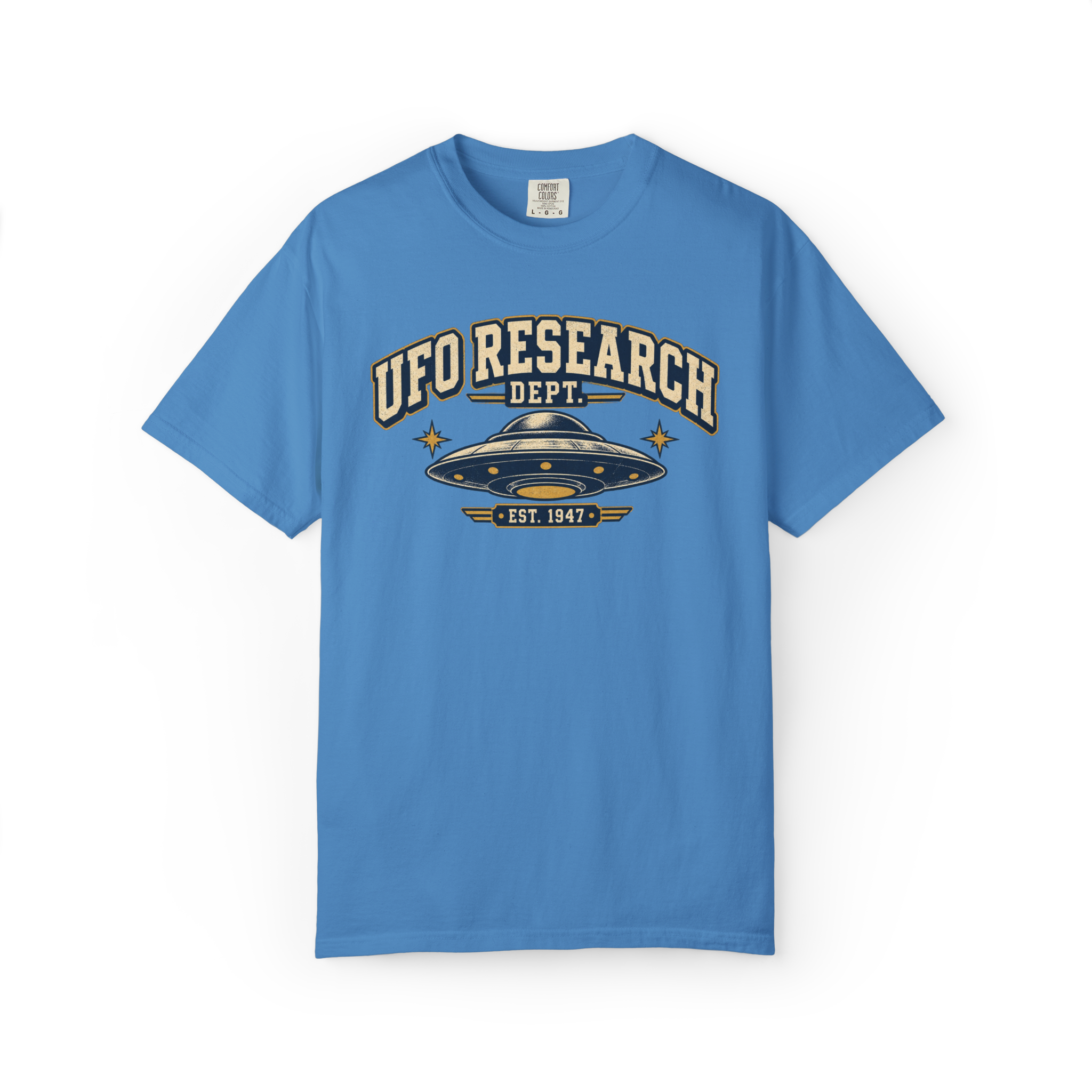Blue UFO t shirt featuring a vintage flying saucer with UFO Research Dept lettering and Est. 1947 graphic
