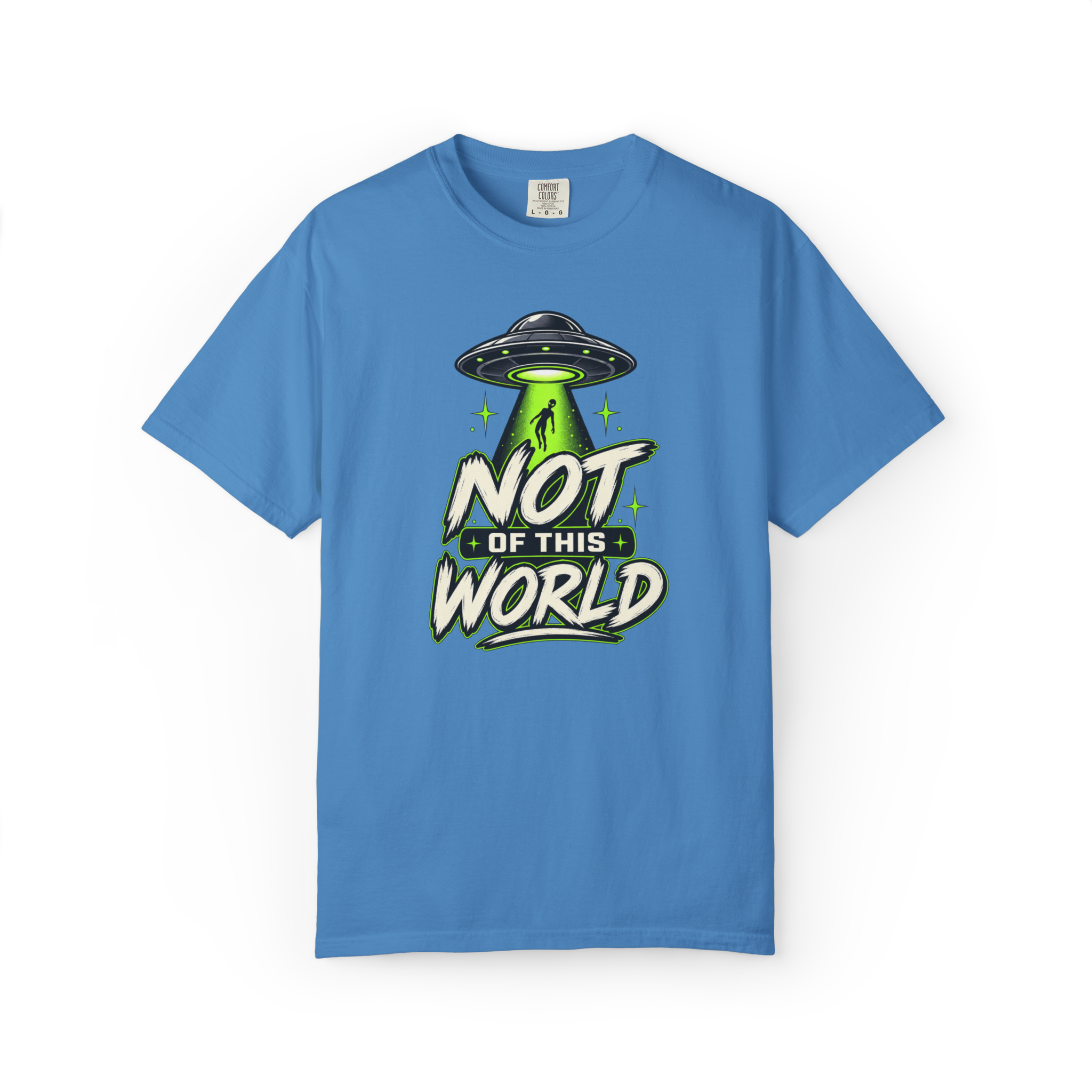 Blue UFO shirt featuring a flying saucer abducting a person with a green tractor beam and Not of This World text