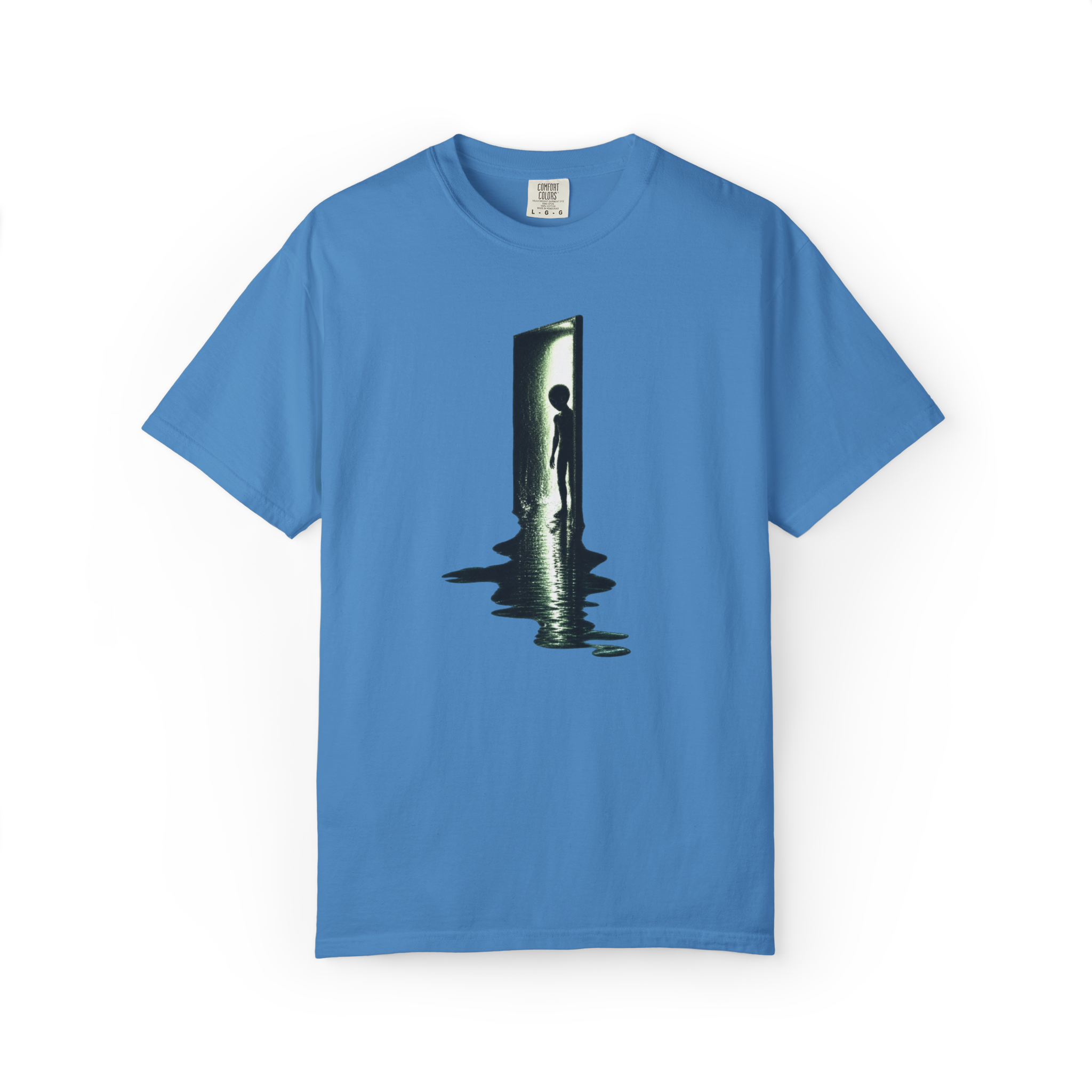 Blue alien shirt featuring an extraterrestrial silhouette standing in a glowing doorway with a dark reflective pool