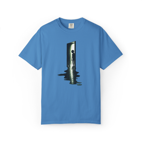 Blue alien shirt featuring an extraterrestrial silhouette standing in a glowing doorway with a dark reflective pool