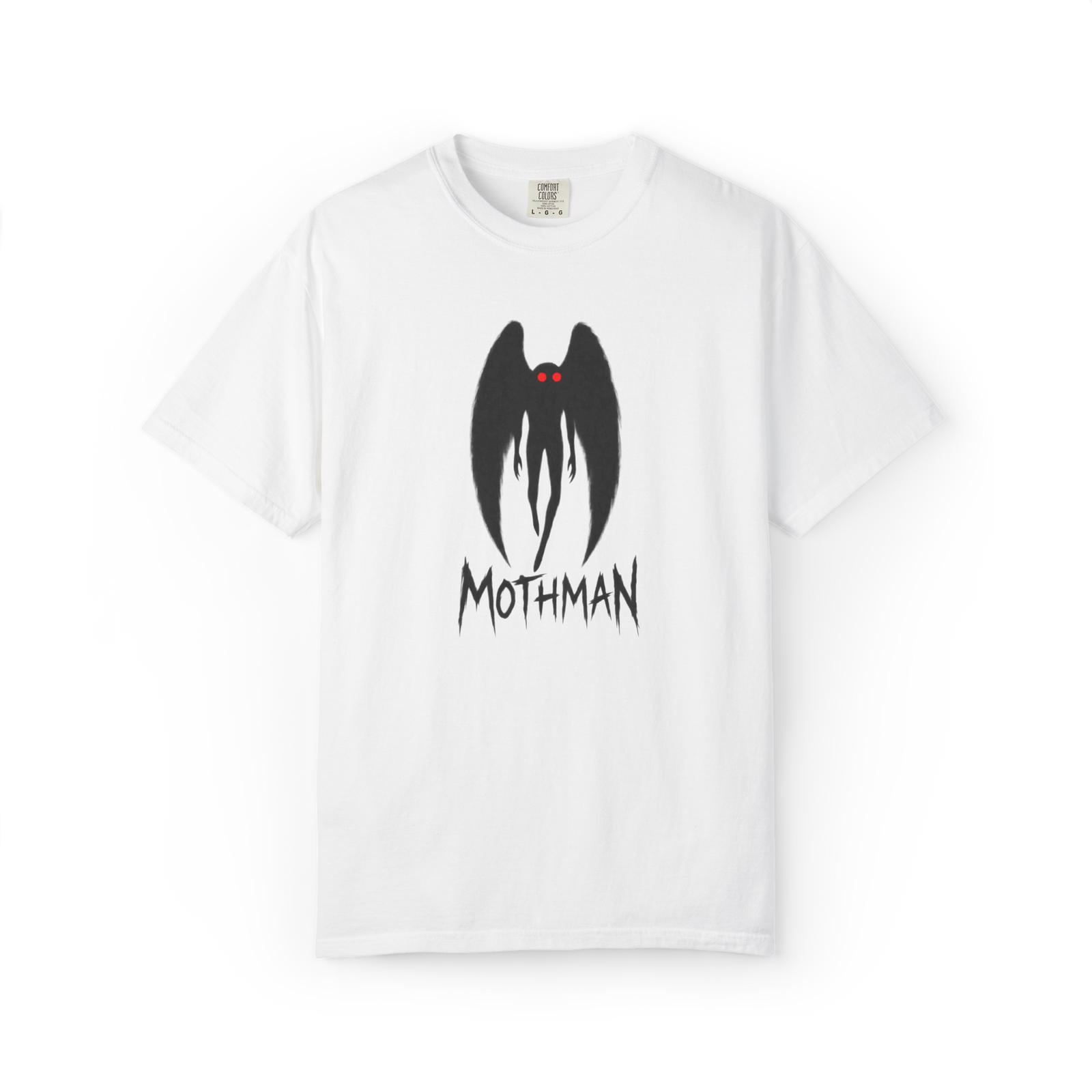 White Mothman t shirt with minimal black winged silhouette, glowing red eyes, and distressed MOTHMAN text