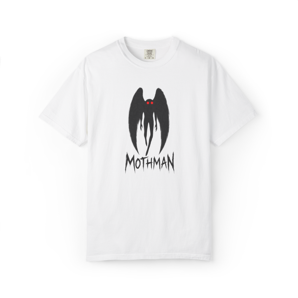 White Mothman t shirt with minimal black winged silhouette, glowing red eyes, and distressed MOTHMAN text