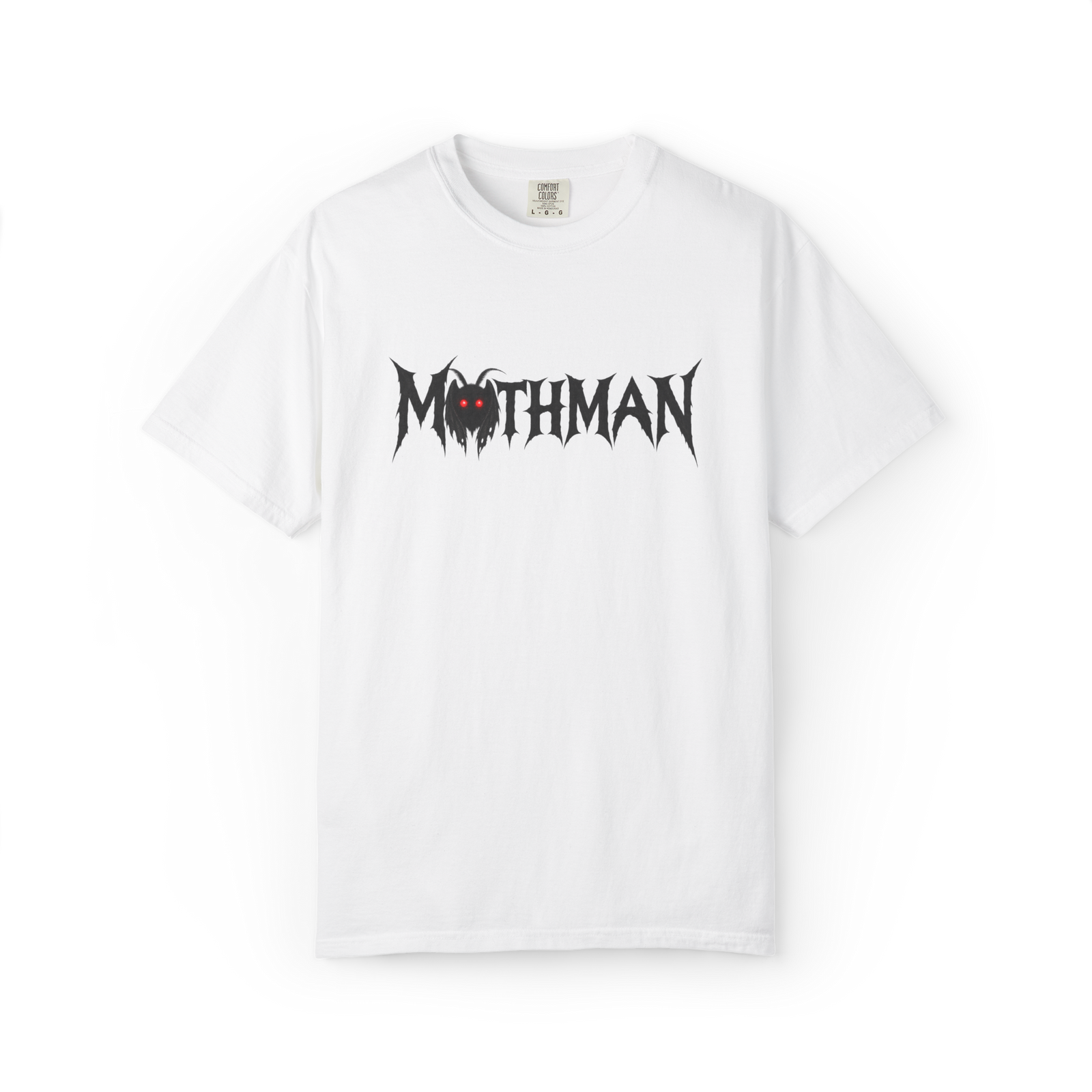 White Mothman t shirt with black horror-style MOTHMAN lettering and a small red-eyed cryptid face incorporated into the logo
