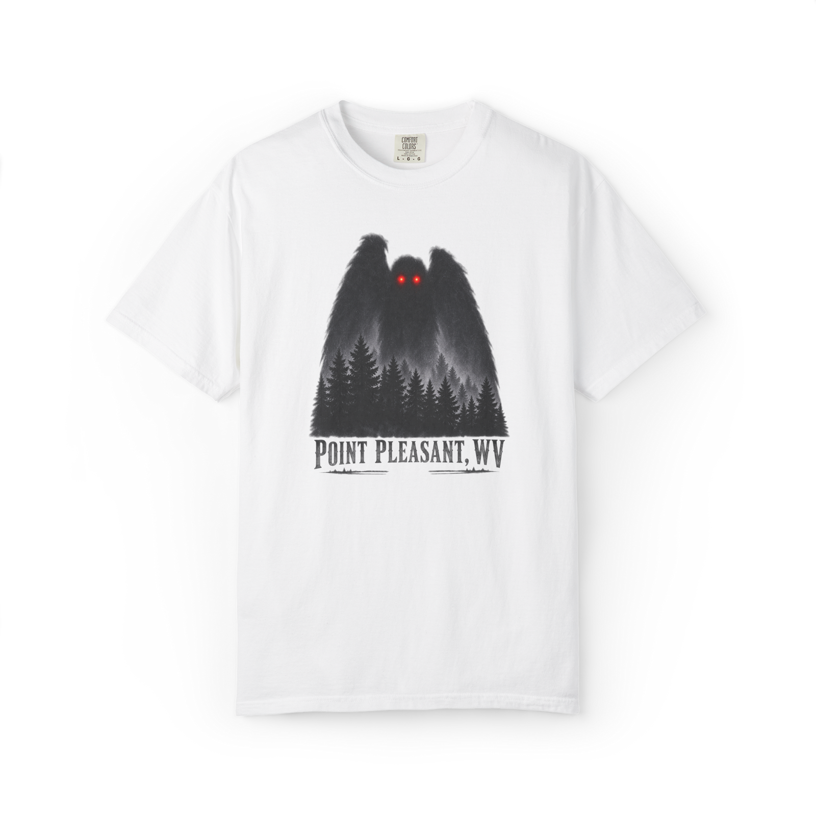 White Mothman t shirt with a shadowy red-eyed cryptid above a pine forest and Point Pleasant, WV text