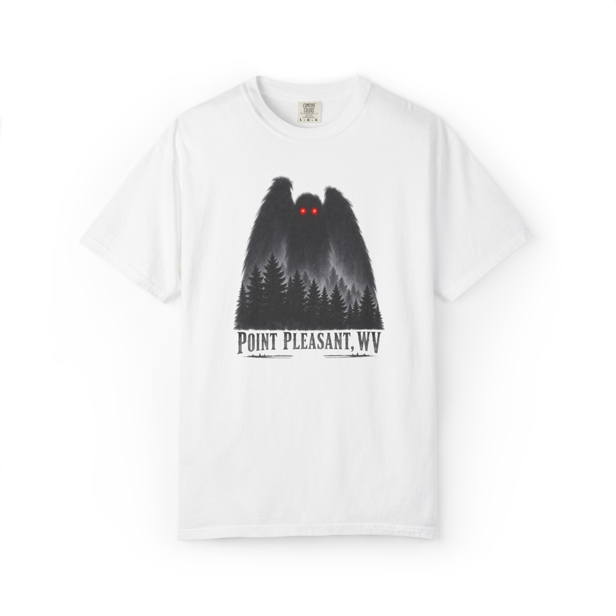 White Mothman t shirt with a shadowy red-eyed cryptid above a pine forest and Point Pleasant, WV text