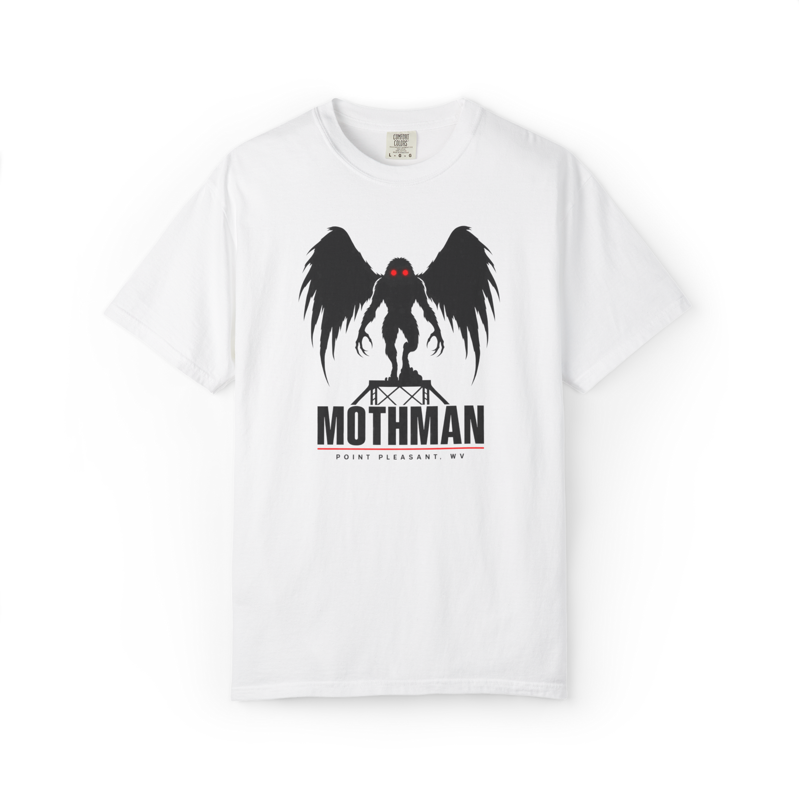 White Mothman t shirt with black winged red-eyed cryptid standing above a bridge graphic and Mothman Point Pleasant WV text