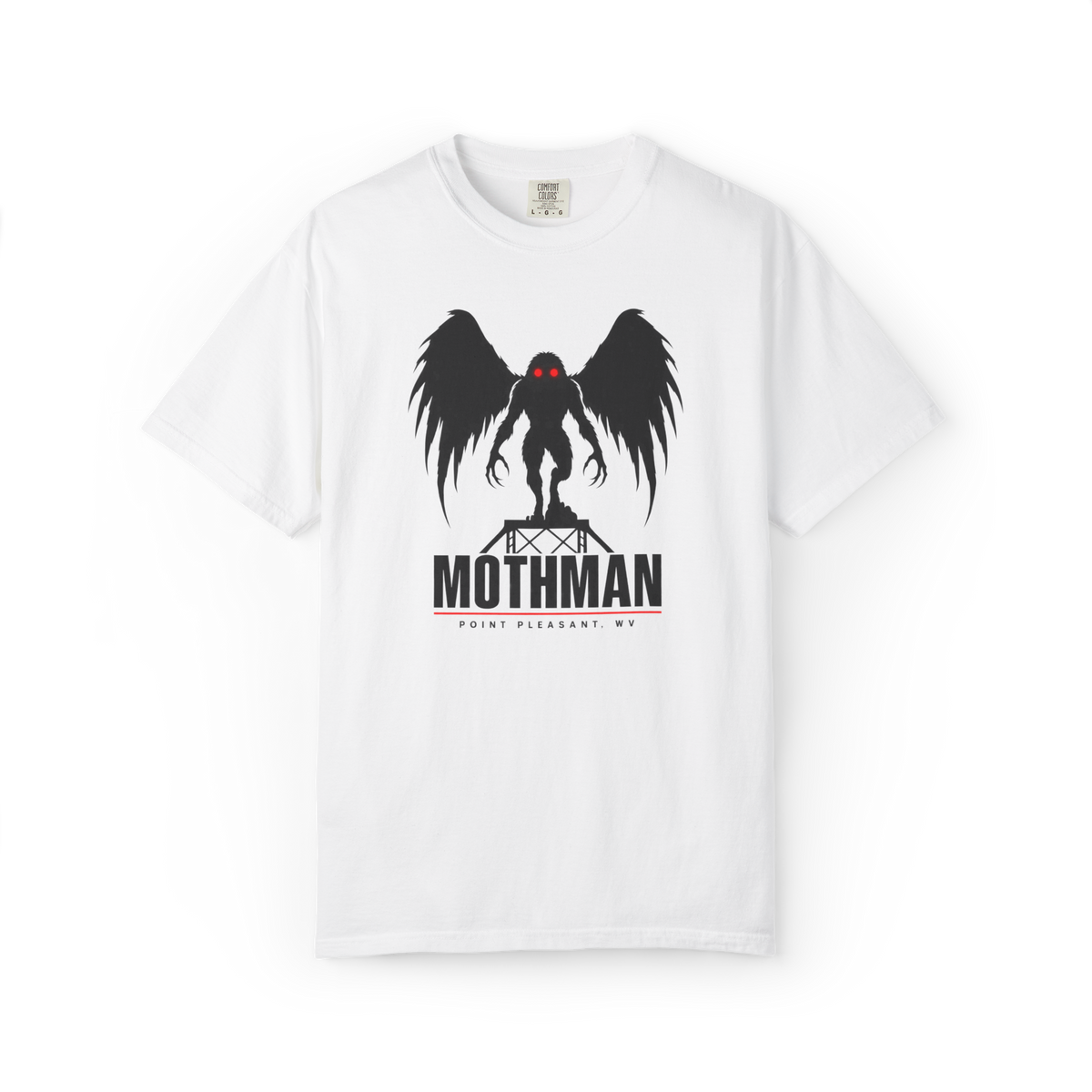 White Mothman t shirt with black winged red-eyed cryptid standing above a bridge graphic and Mothman Point Pleasant WV text