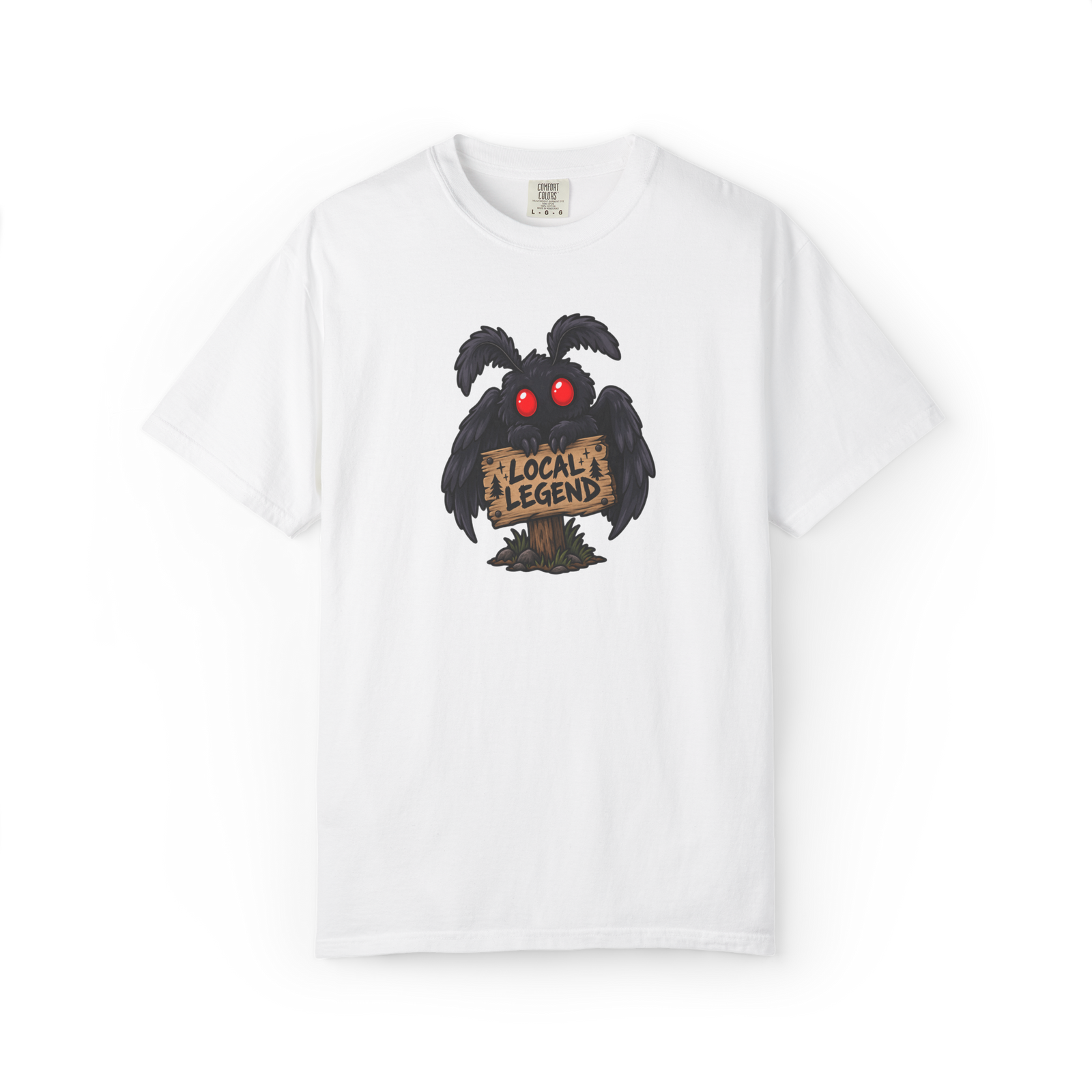 White Mothman t shirt with a cute cartoon red-eyed Mothman holding a wooden Local Legend sign
