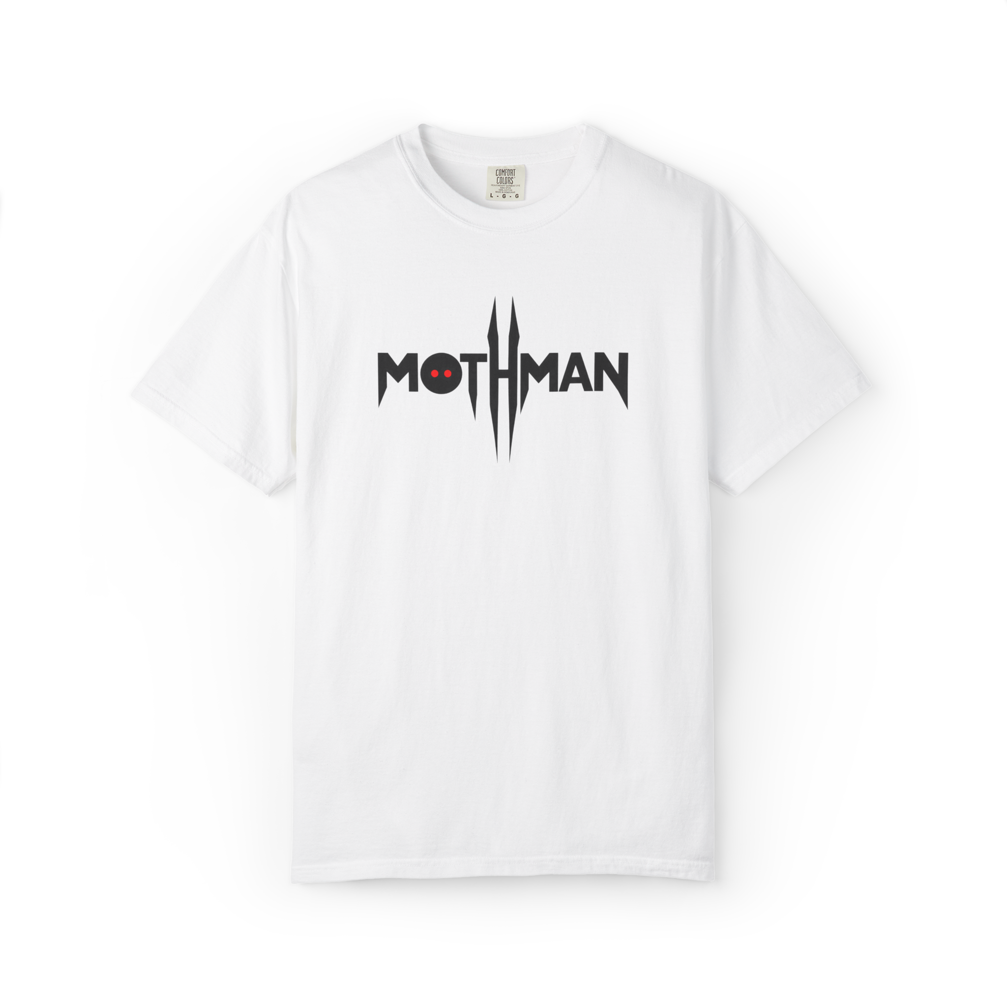 White Mothman t shirt with a minimal black MOTHMAN logo, red eyes inside the lettering, and sharp vertical accents