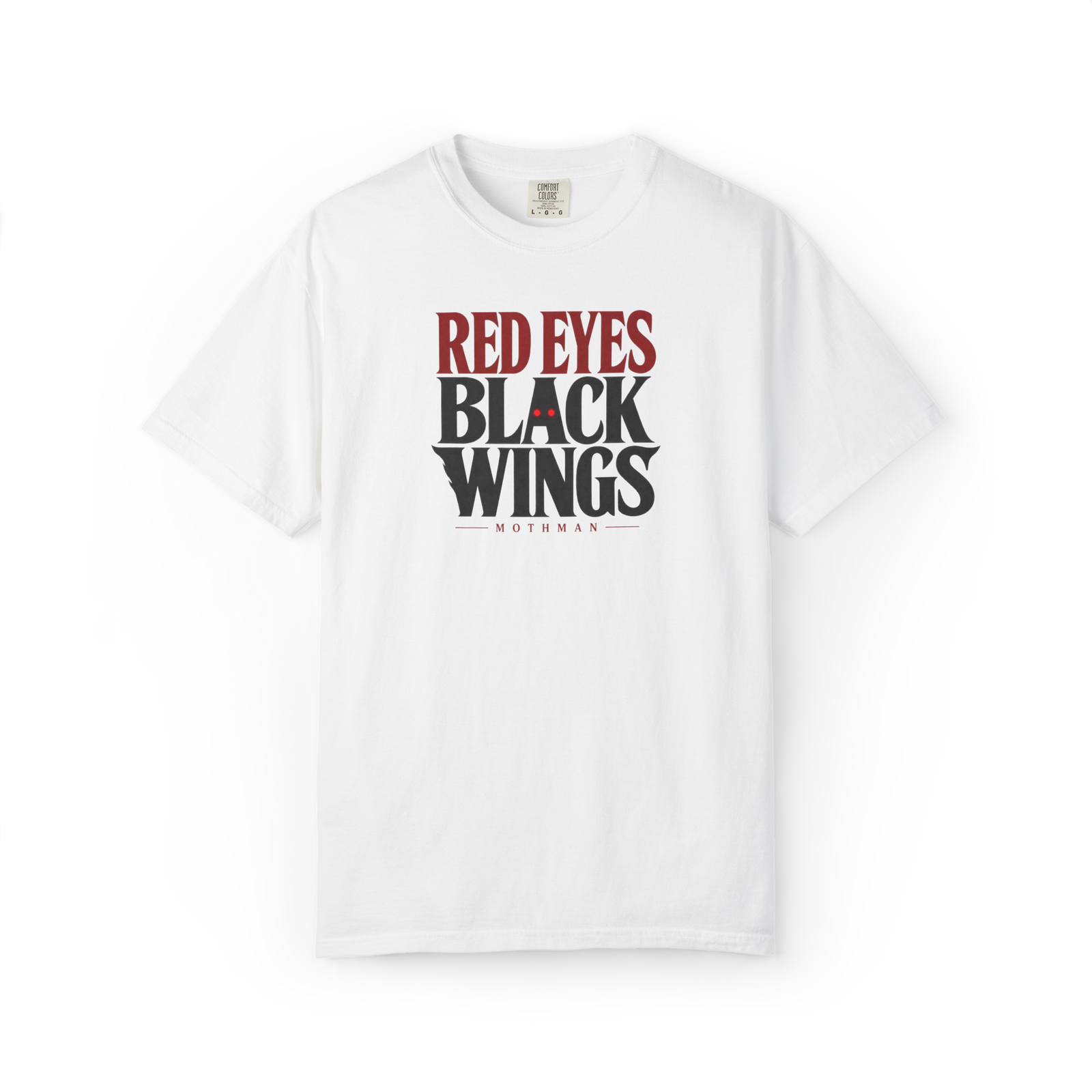 Black Mothman graphic with red Red Eyes text, black Black Wings text, glowing red eyes, and Mothman text underneath