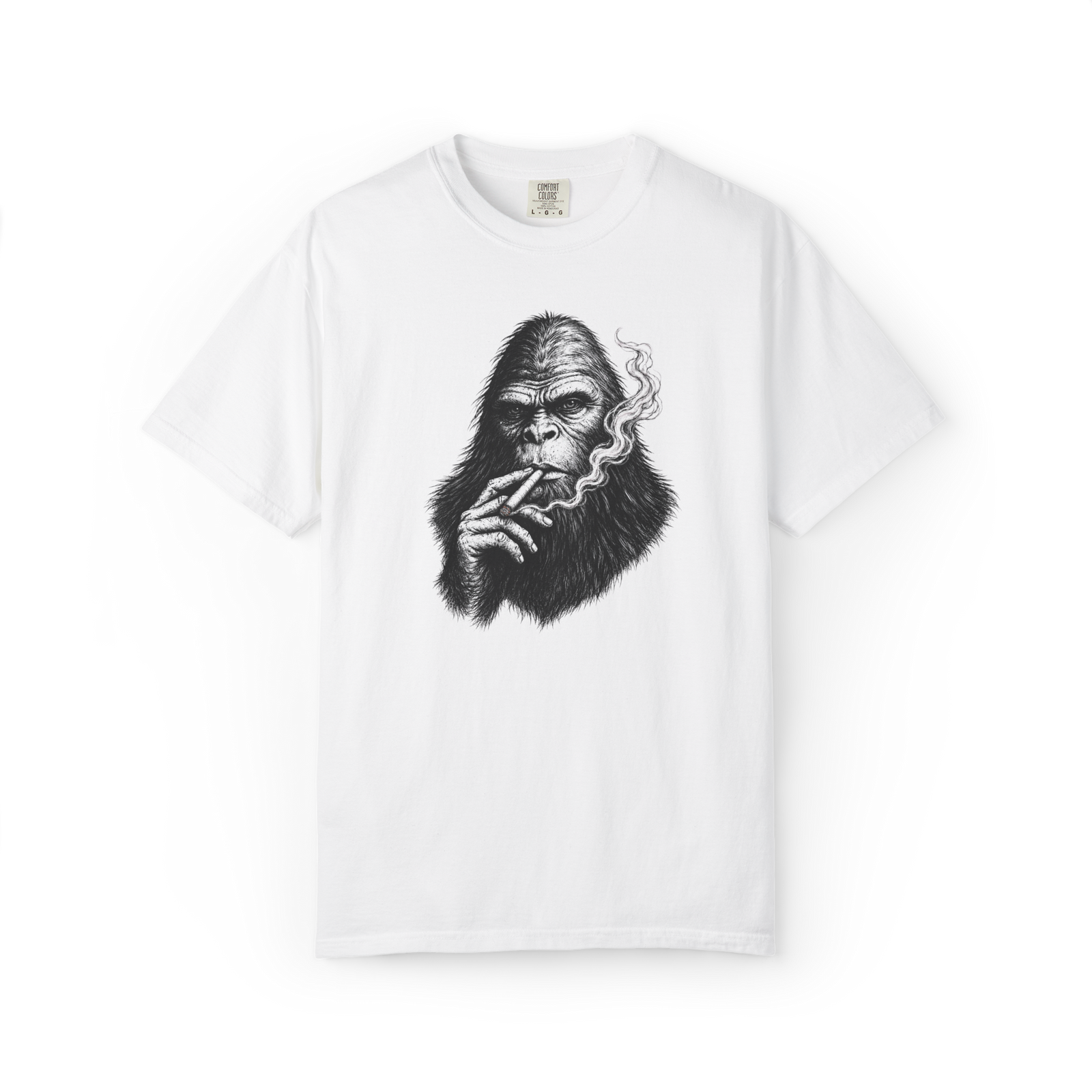 Bigfoot smoking a cigarette graphic T-shirt with Sasquatch portrait