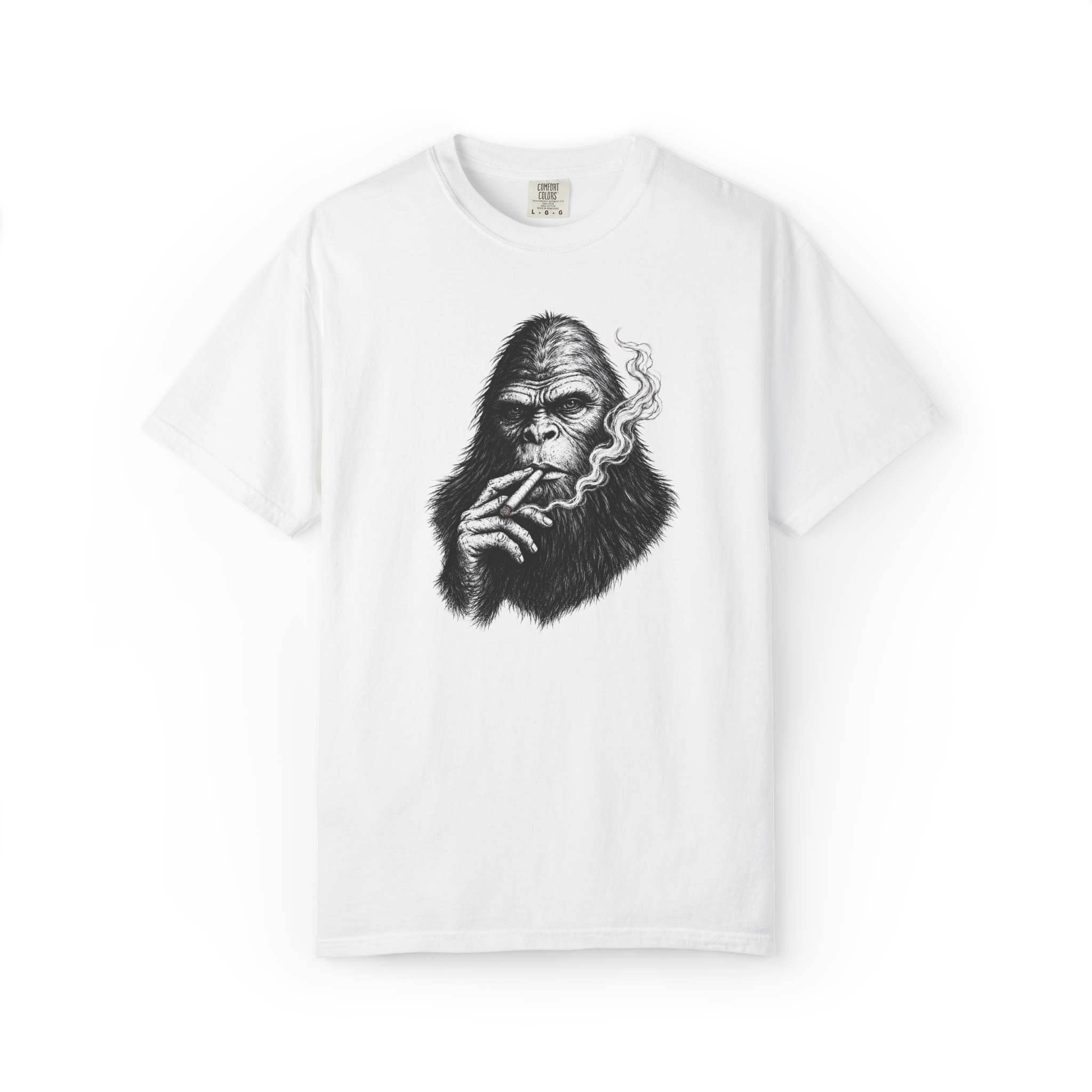 Bigfoot smoking a cigarette graphic T-shirt with Sasquatch portrait