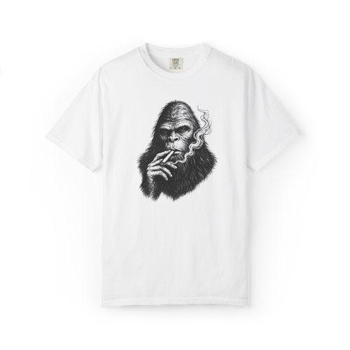 Bigfoot smoking a cigarette graphic T-shirt with Sasquatch portrait