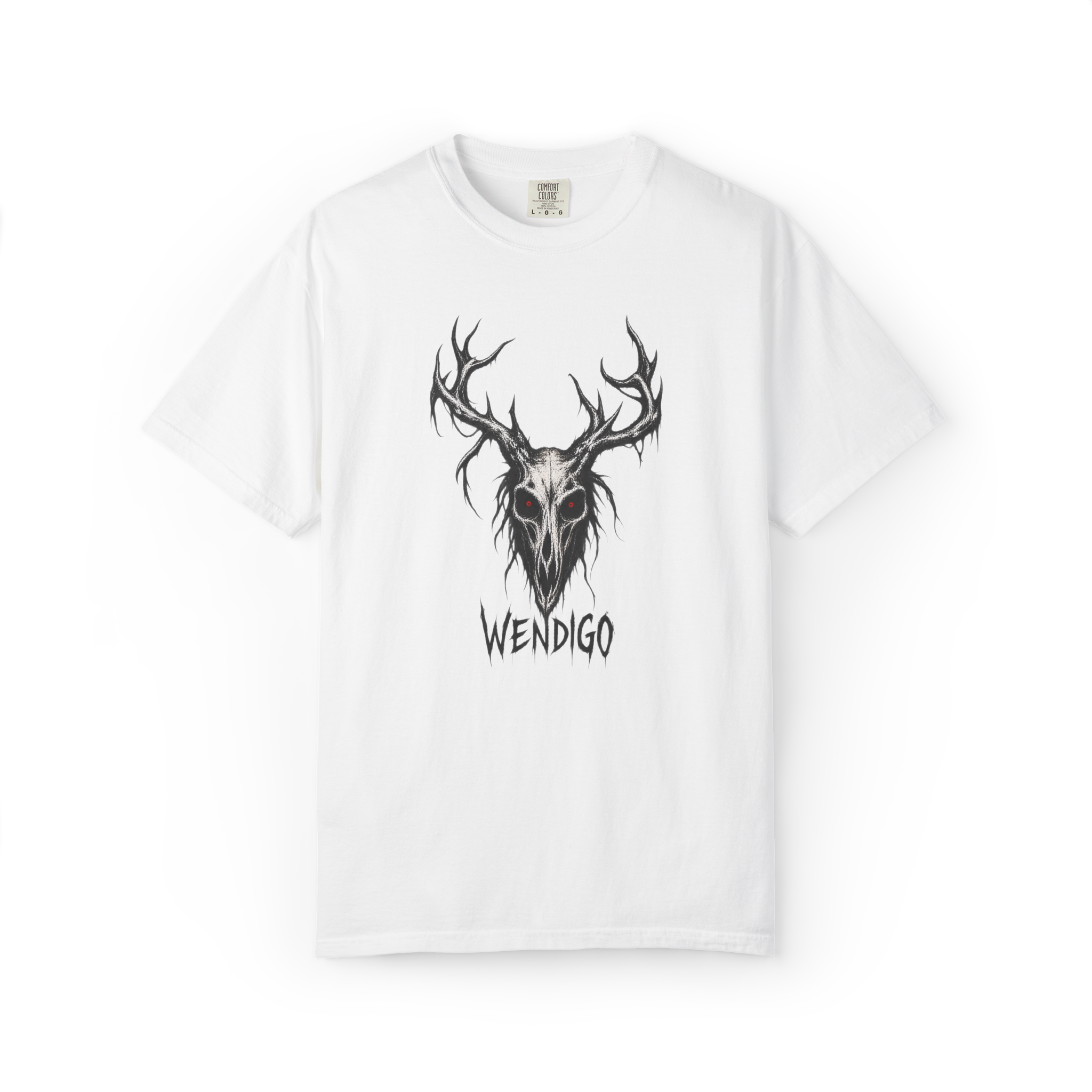 White t-shirt featuring a dark antlered Wendigo skull design with glowing red eyes and the word “Wendigo” underneath.