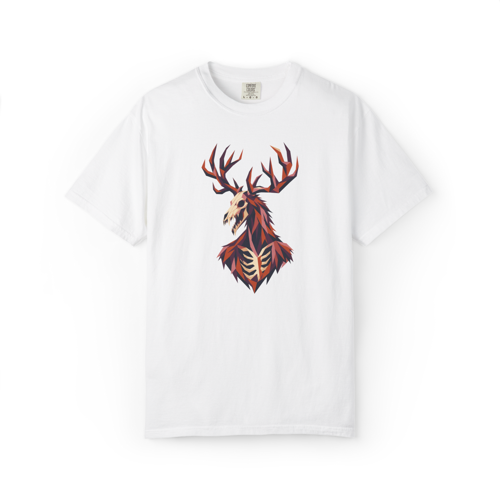 White Wendigo shirt with a geometric deer skull creature graphic featuring antlers and skeletal chest detail