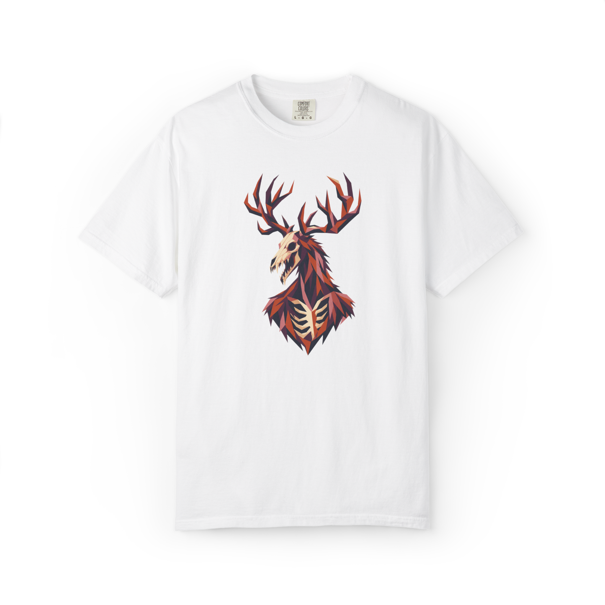 White Wendigo shirt with a geometric deer skull creature graphic featuring antlers and skeletal chest detail