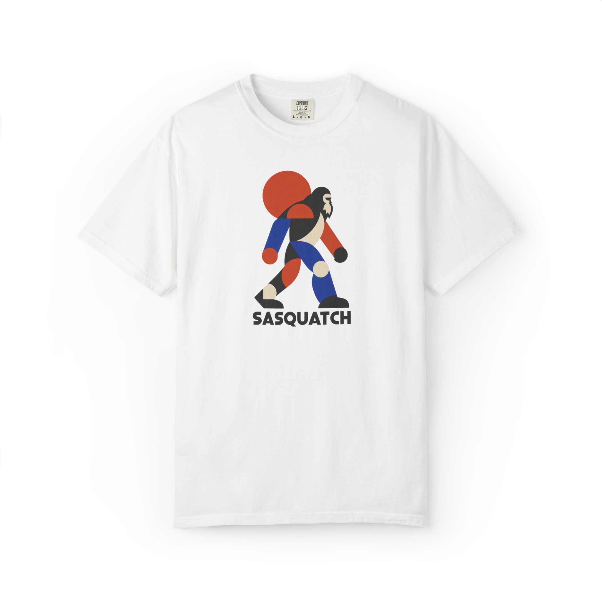 White Sasquatch t shirt featuring a geometric walking Bigfoot graphic in red, blue, black, and cream with Sasquatch text below