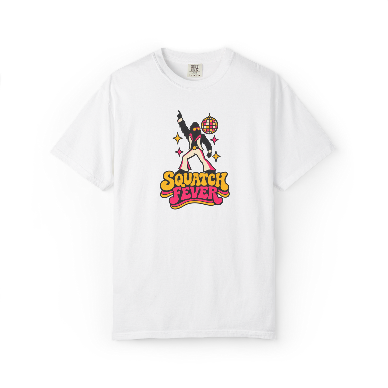 White Bigfoot t shirt with disco Sasquatch character, colorful disco ball, retro sparkles, and Squatch Fever text