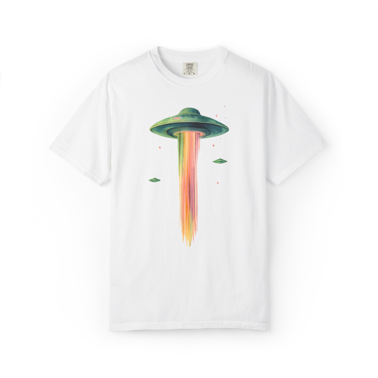 Pastel rainbow UFO beam graphic T-shirt with flying saucer design
