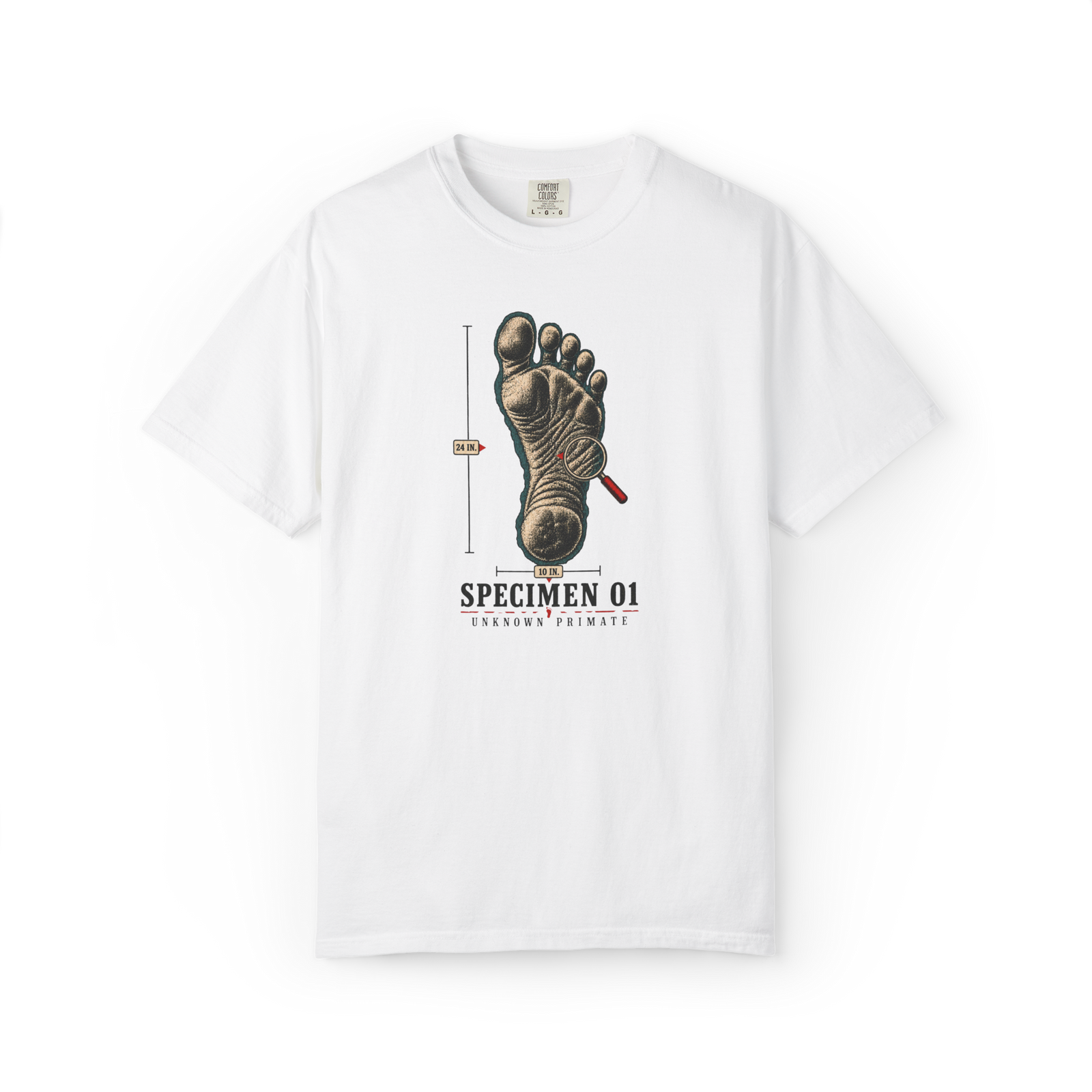 White Bigfoot t shirt featuring a detailed Sasquatch footprint specimen with measurements, magnifying glass, and Specimen 01 Unknown Primate text