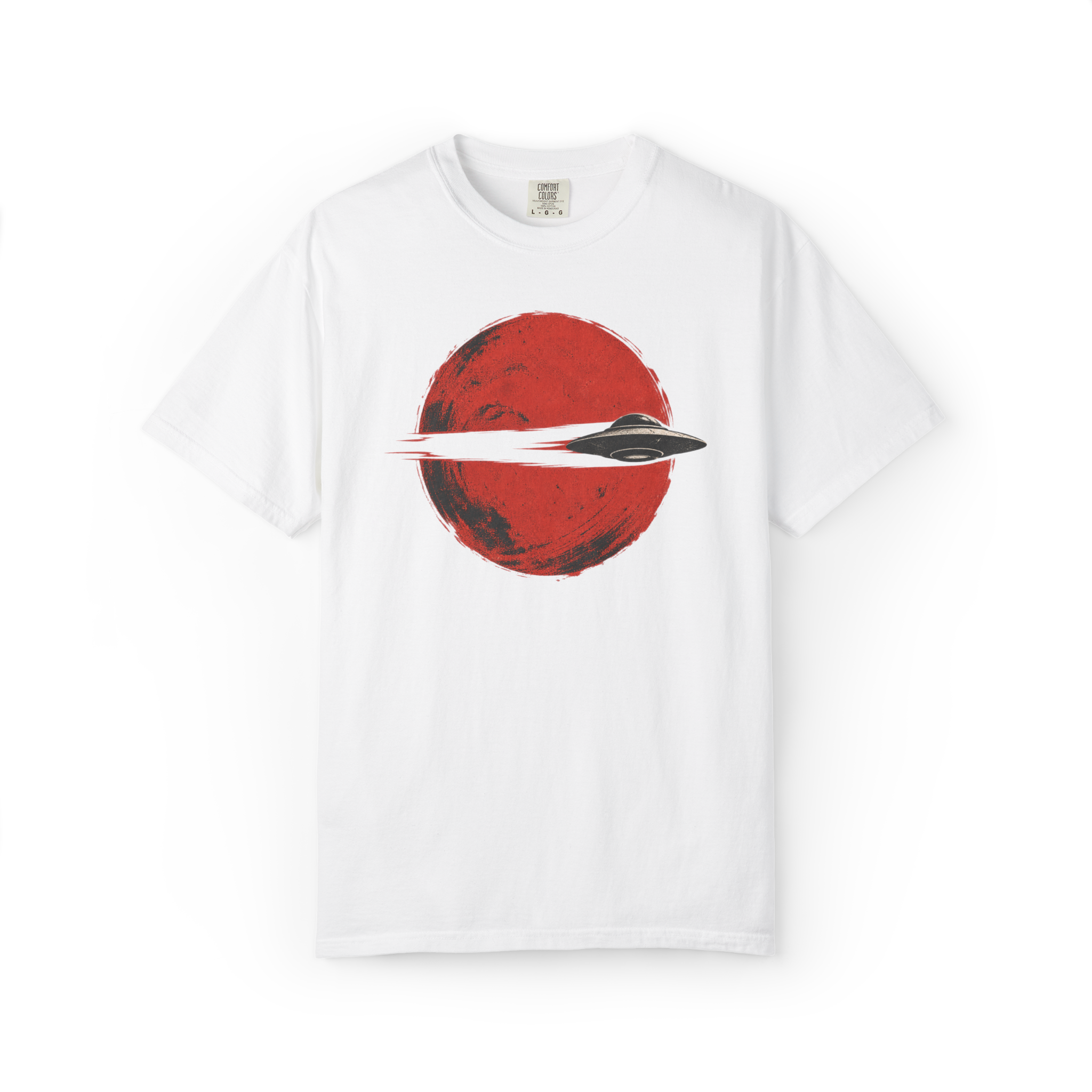 White UFO t shirt featuring a minimalist flying saucer crossing in front of a large red planet graphic