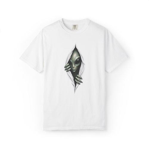 White alien shirt featuring a realistic grey alien peeking through a torn opening graphic