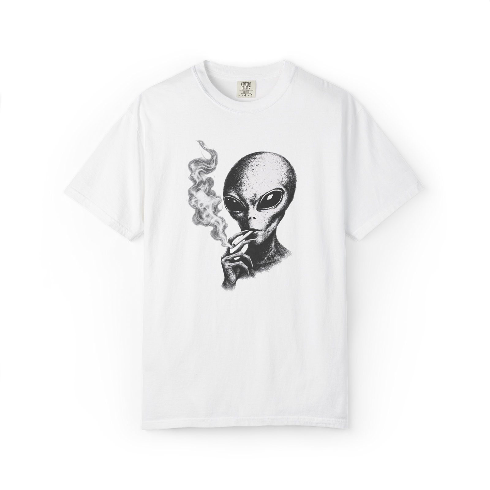 Grey alien smoking cigarette graphic T-shirt with black and white extraterrestrial artwork