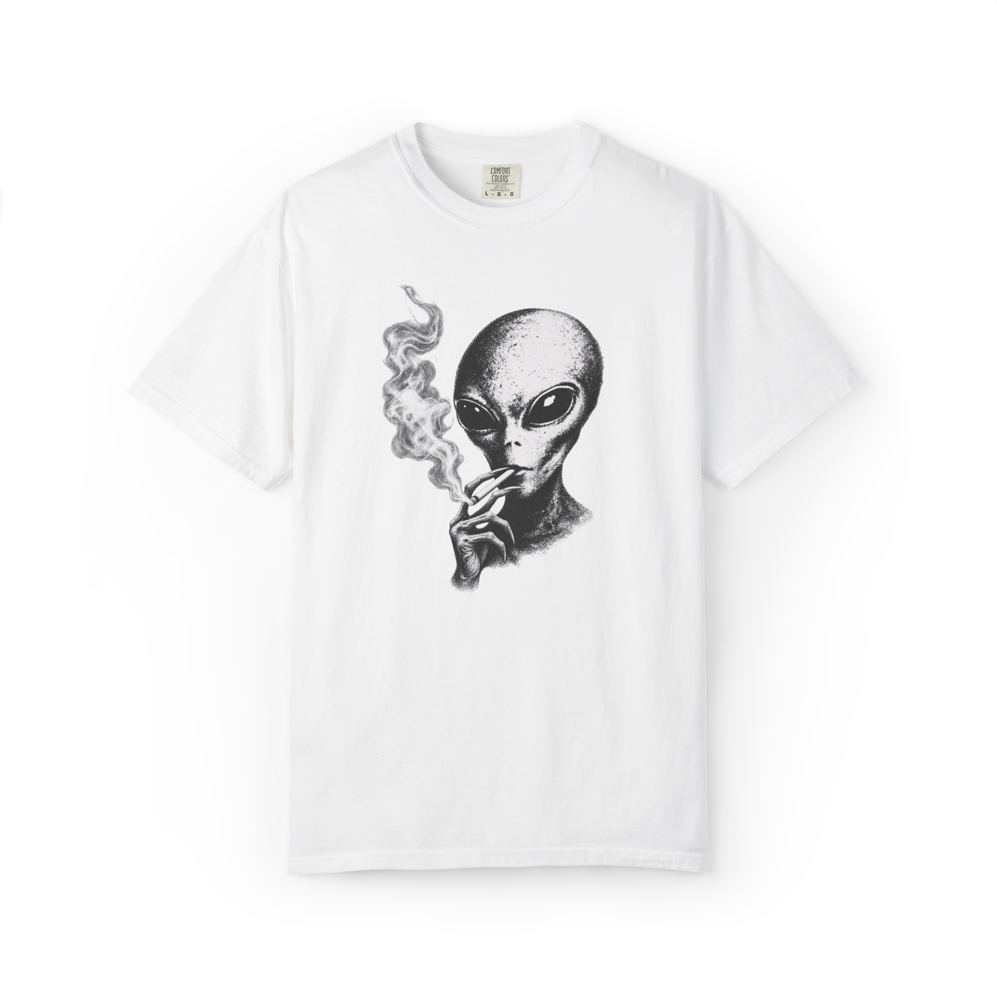 Grey alien smoking cigarette graphic T-shirt with black and white extraterrestrial artwork