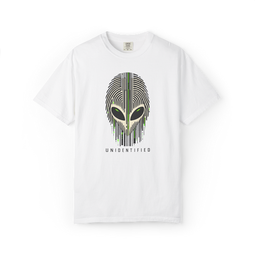 White alien shirt with a fingerprint-style extraterrestrial face, glowing green eyes, and Unidentified text