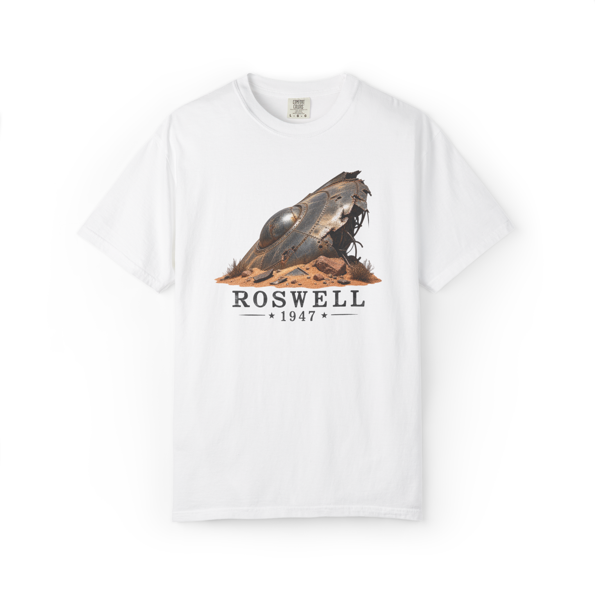 White Roswell 1947 shirt featuring a crashed UFO in the desert with vintage Roswell text