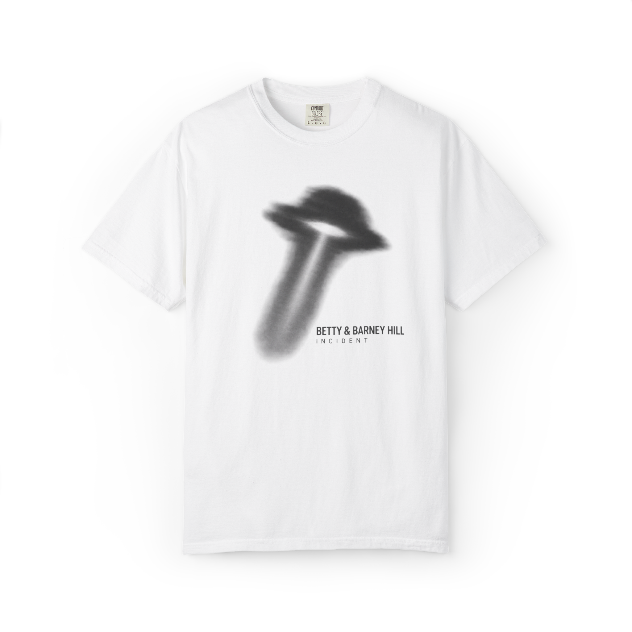 White Betty and Barney Hill UFO shirt featuring a blurred flying saucer and beam with Betty & Barney Hill Incident text