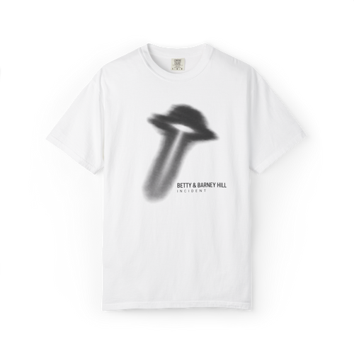 White Betty and Barney Hill UFO shirt featuring a blurred flying saucer and beam with Betty & Barney Hill Incident text