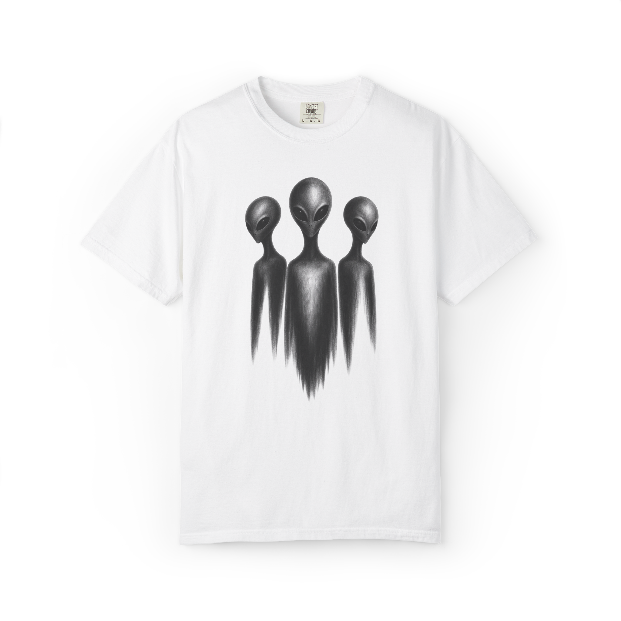 White alien shirt featuring three grey extraterrestrial figures with large black eyes