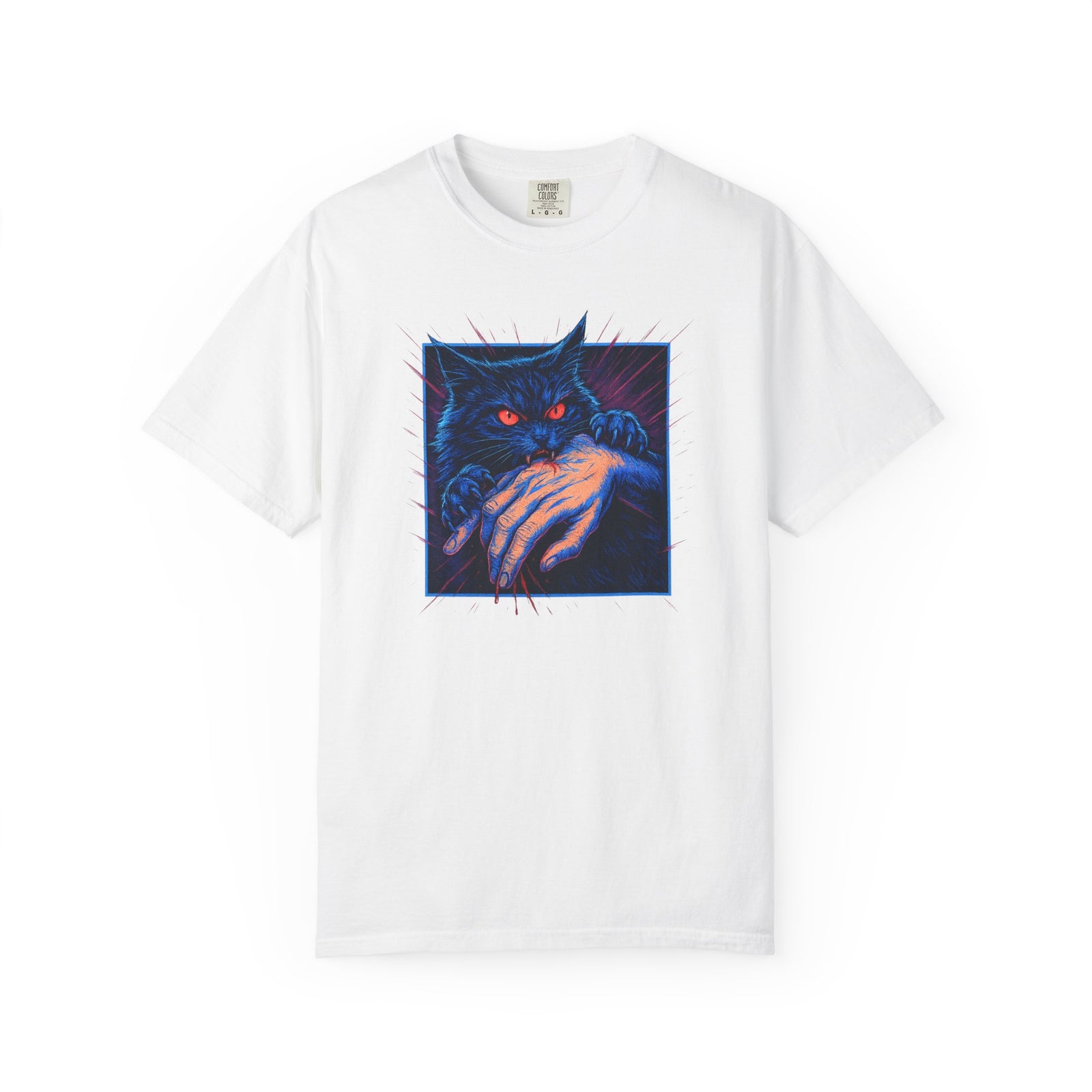 Demon cat biting a hand T-shirt with retro horror cat artwork