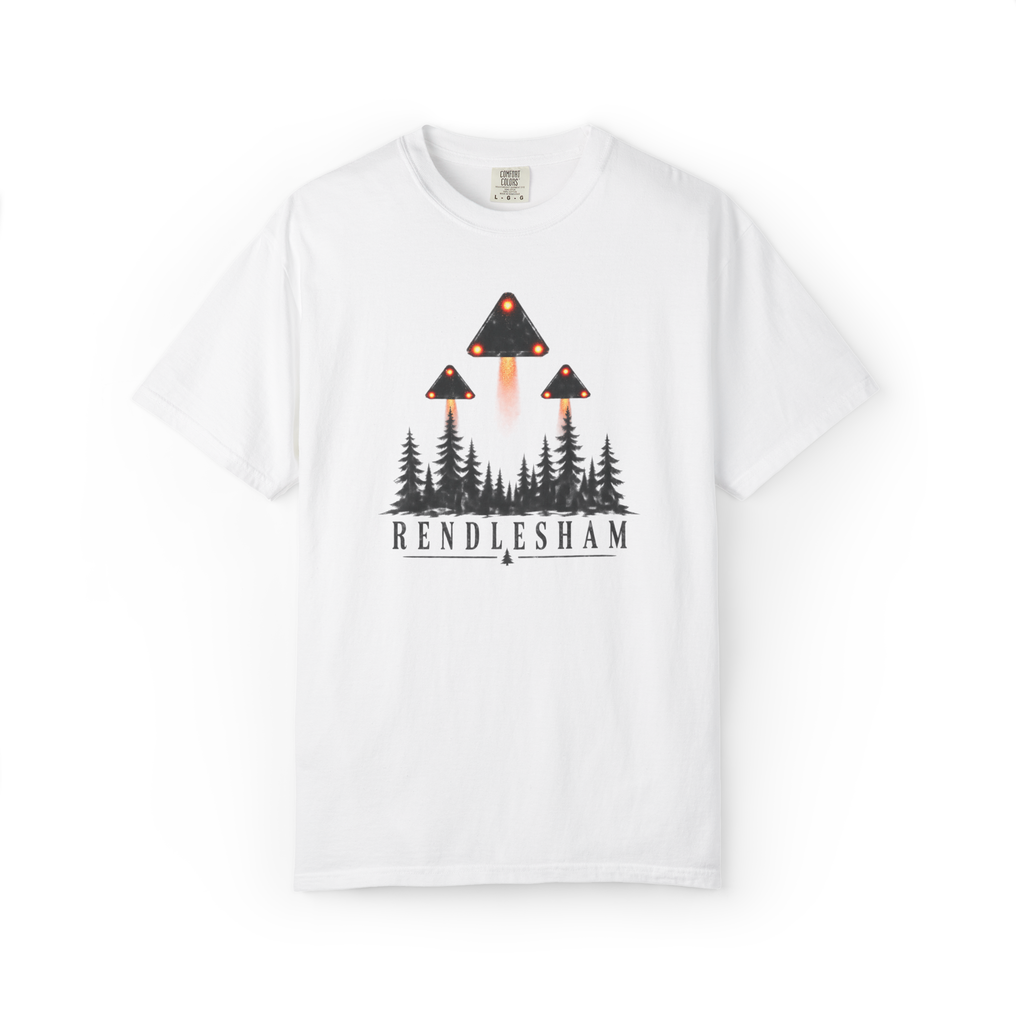 White Rendlesham Forest UFO shirt featuring three triangular UAPs with red lights hovering above a dark pine forest