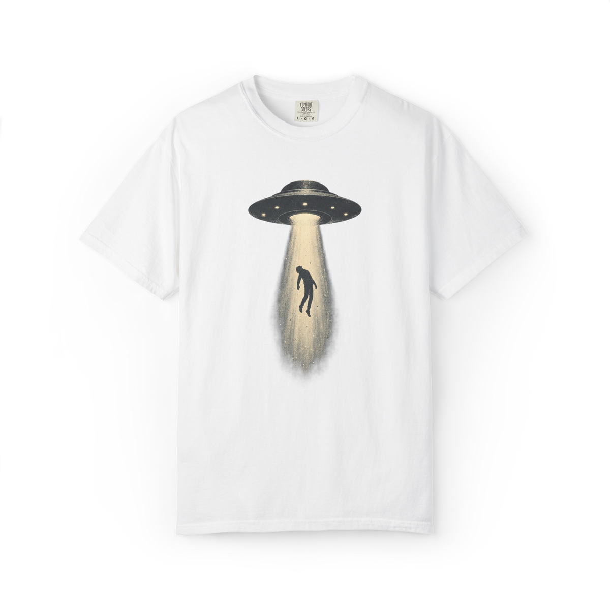White UFO shirt featuring a flying saucer abducting a person in a glowing tractor beam
