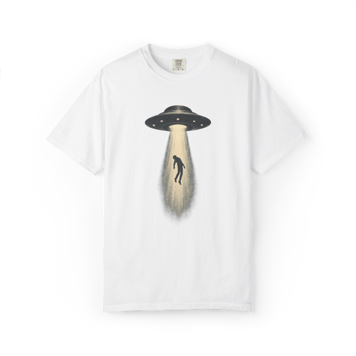 White UFO shirt featuring a flying saucer abducting a person in a glowing tractor beam