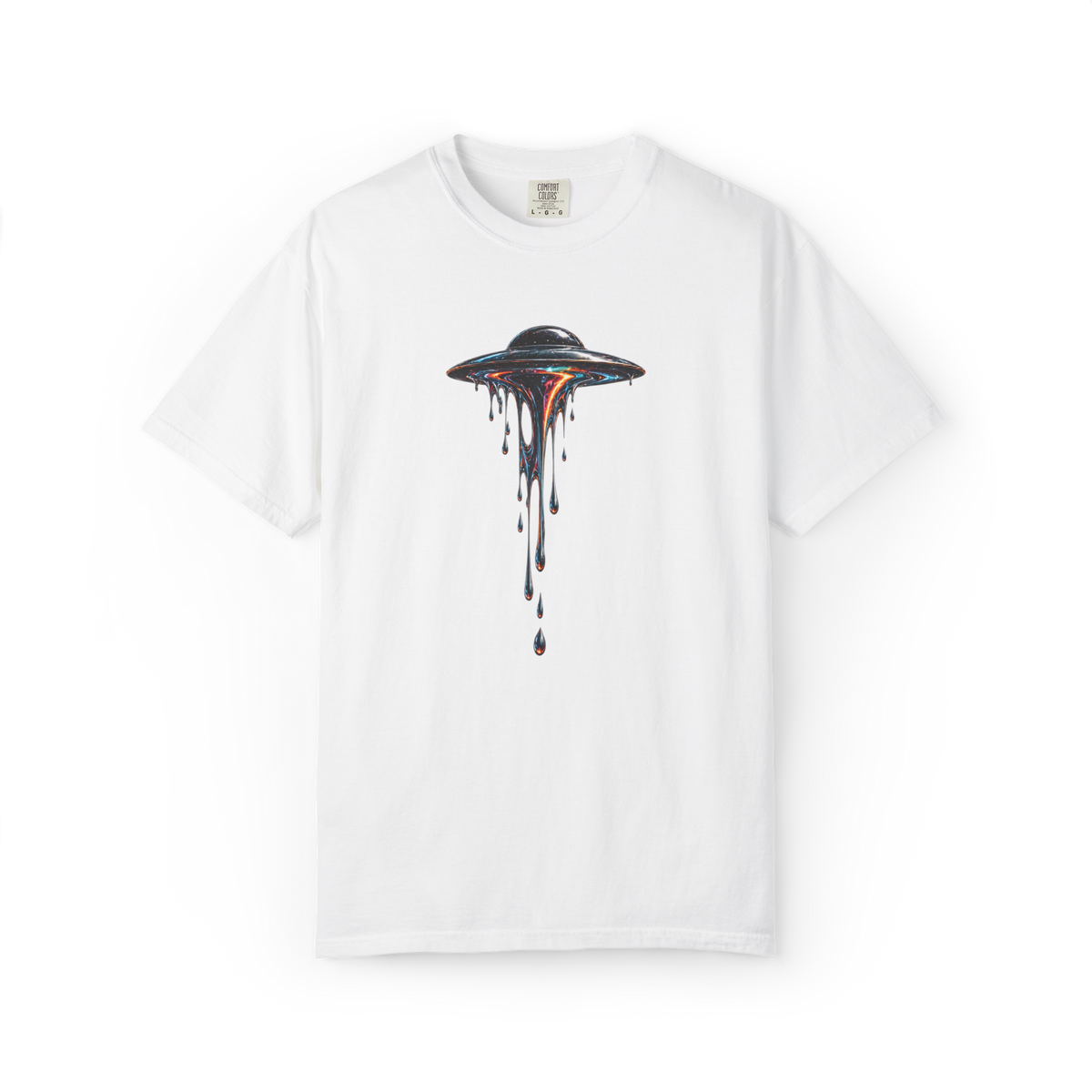 Melting UFO graphic featuring a metallic flying saucer with glowing orange and blue details dripping downward