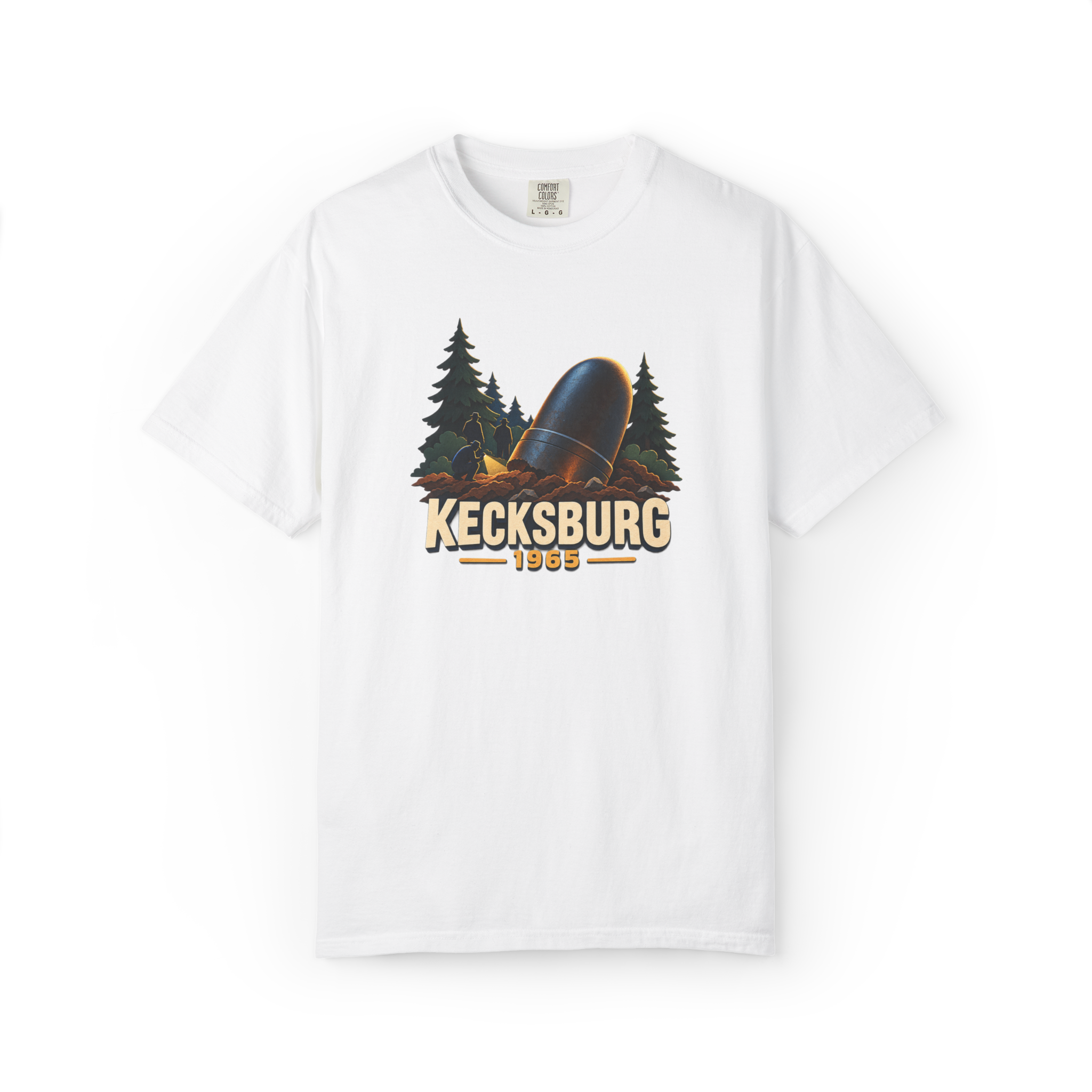 White Kecksburg UFO shirt featuring the 1965 acorn-shaped object crashed in a Pennsylvania forest