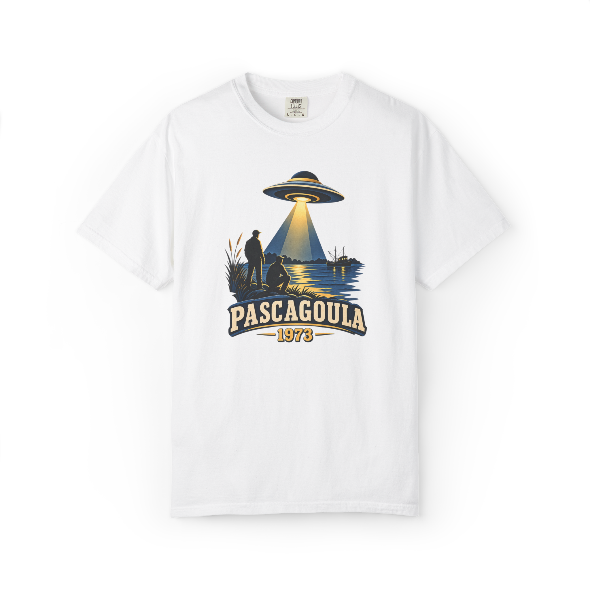 White Pascagoula UFO shirt featuring the 1973 Mississippi alien encounter with two witnesses, a flying saucer, river, and boat